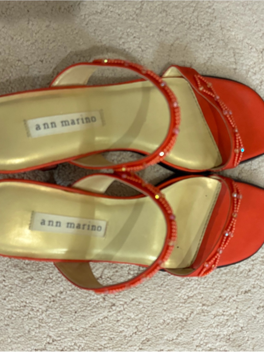 Ann Marino Coral Red Beaded Strappy Heels
